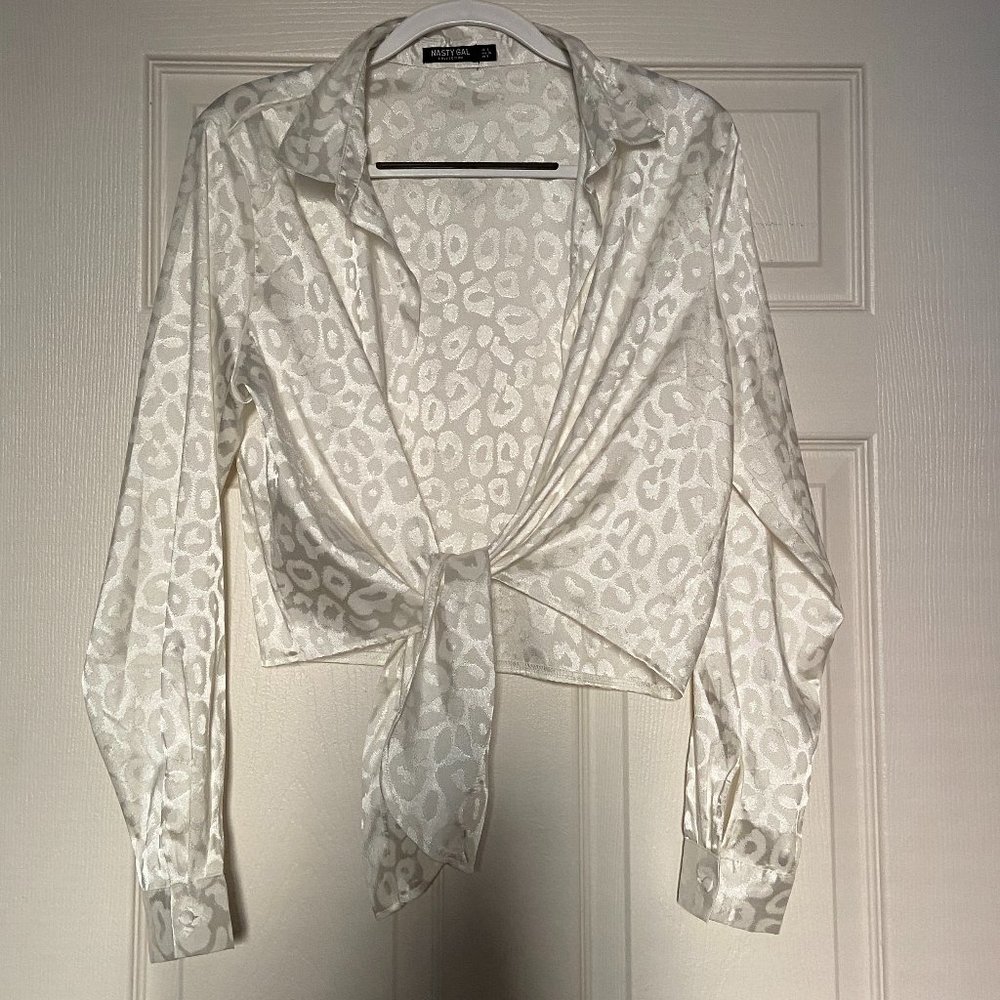 White Leopard Tie Cropped Blouse